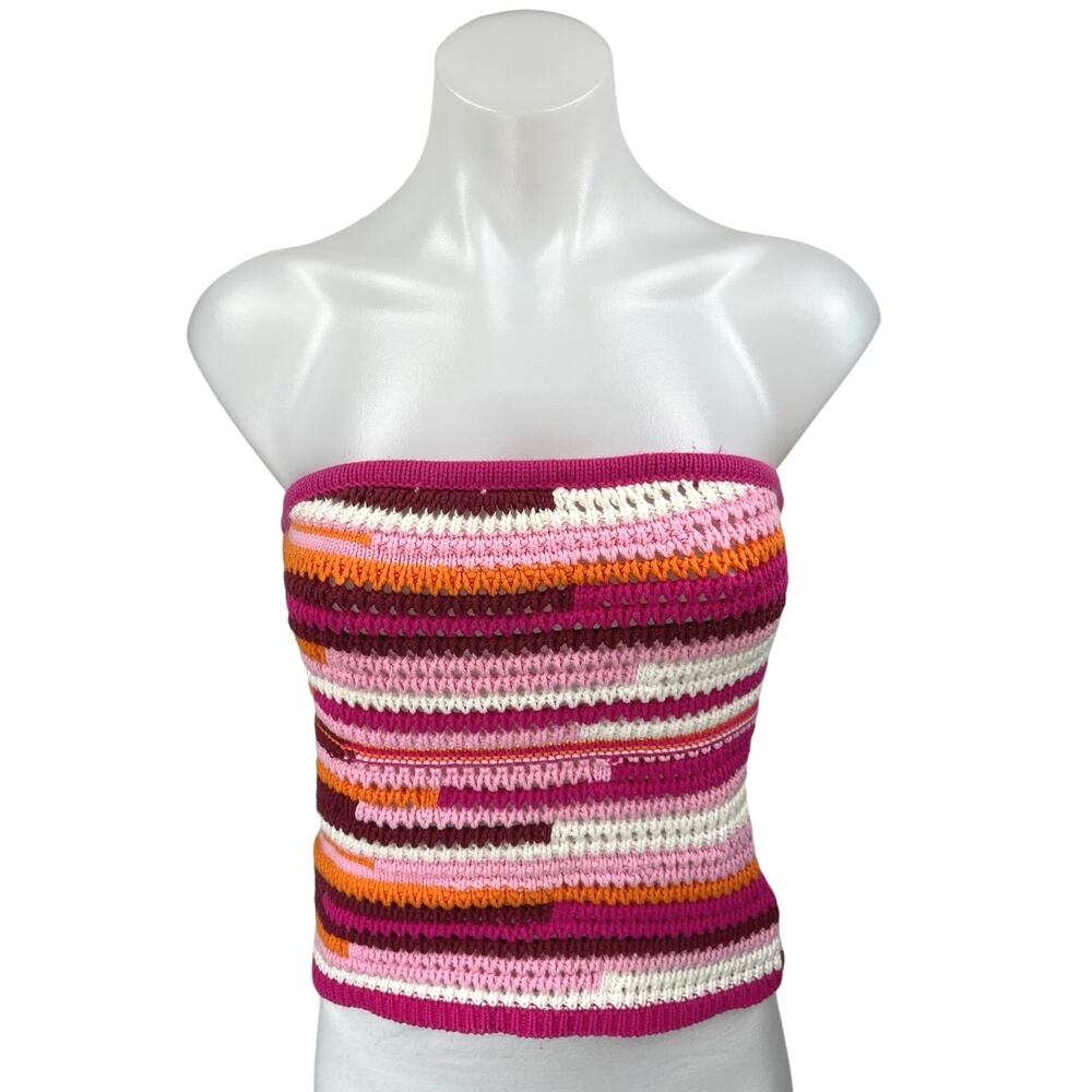 Lovers + Friends Striped Crochet Tube Crop Top in Fuchsia, Pink, Orange, White